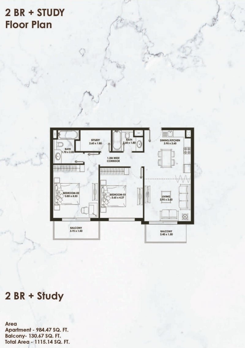 2 Bedrooms +Study floor plan