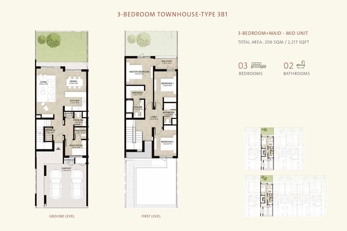 3 Bedrooms + Maid floor plan