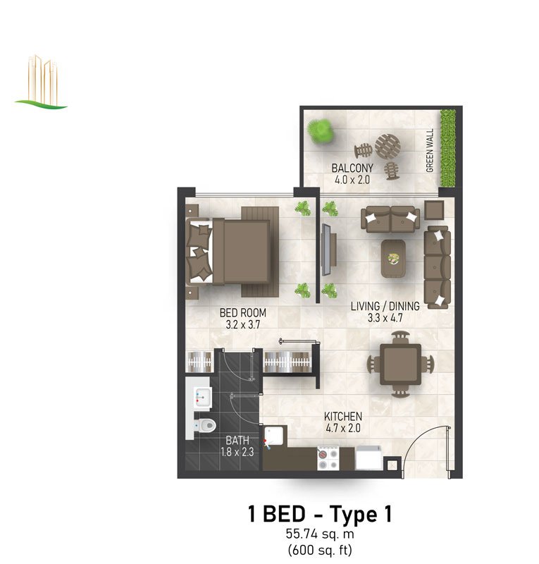 1 Bedroom floor plan