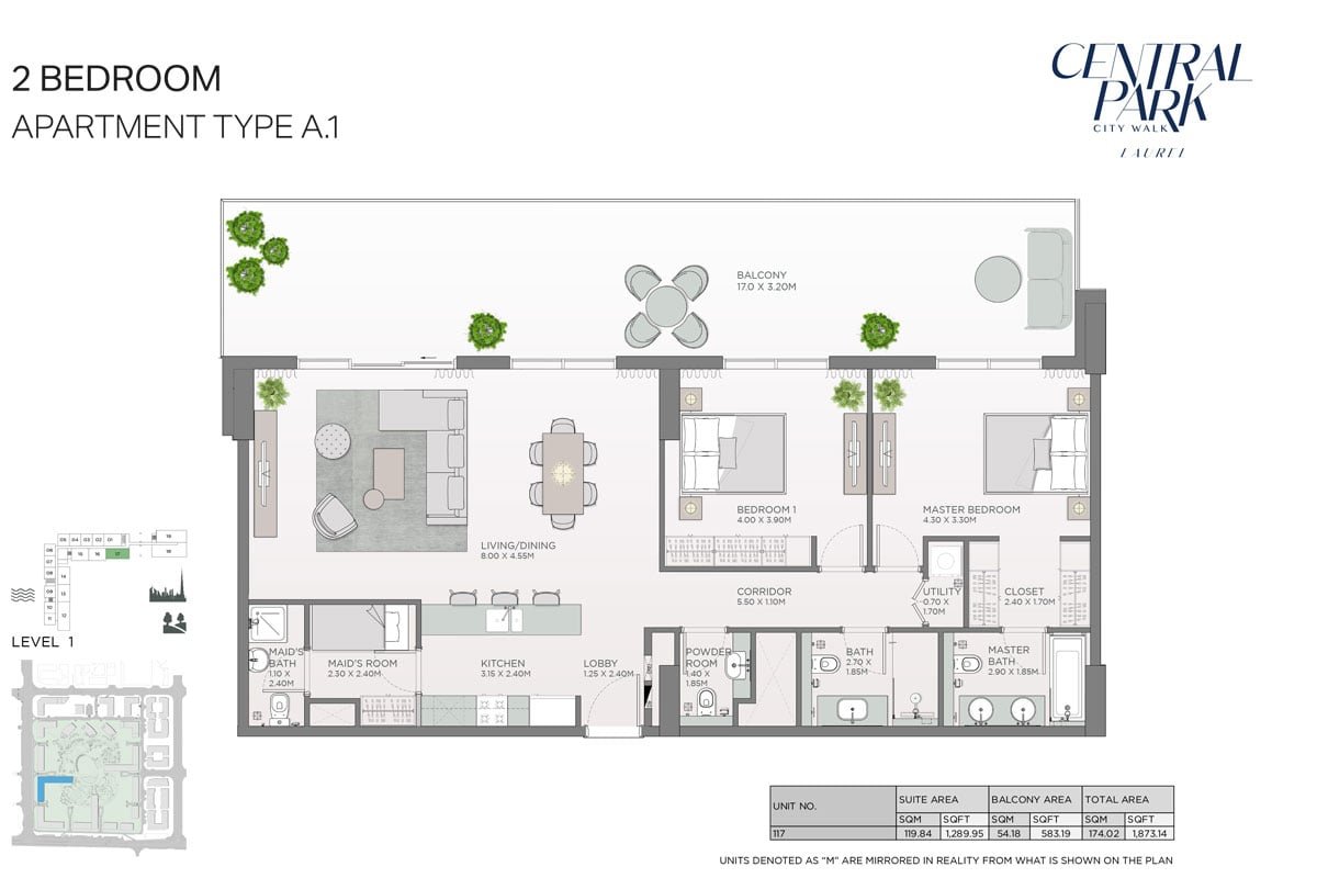 2 Bedrooms + Maid floor plan