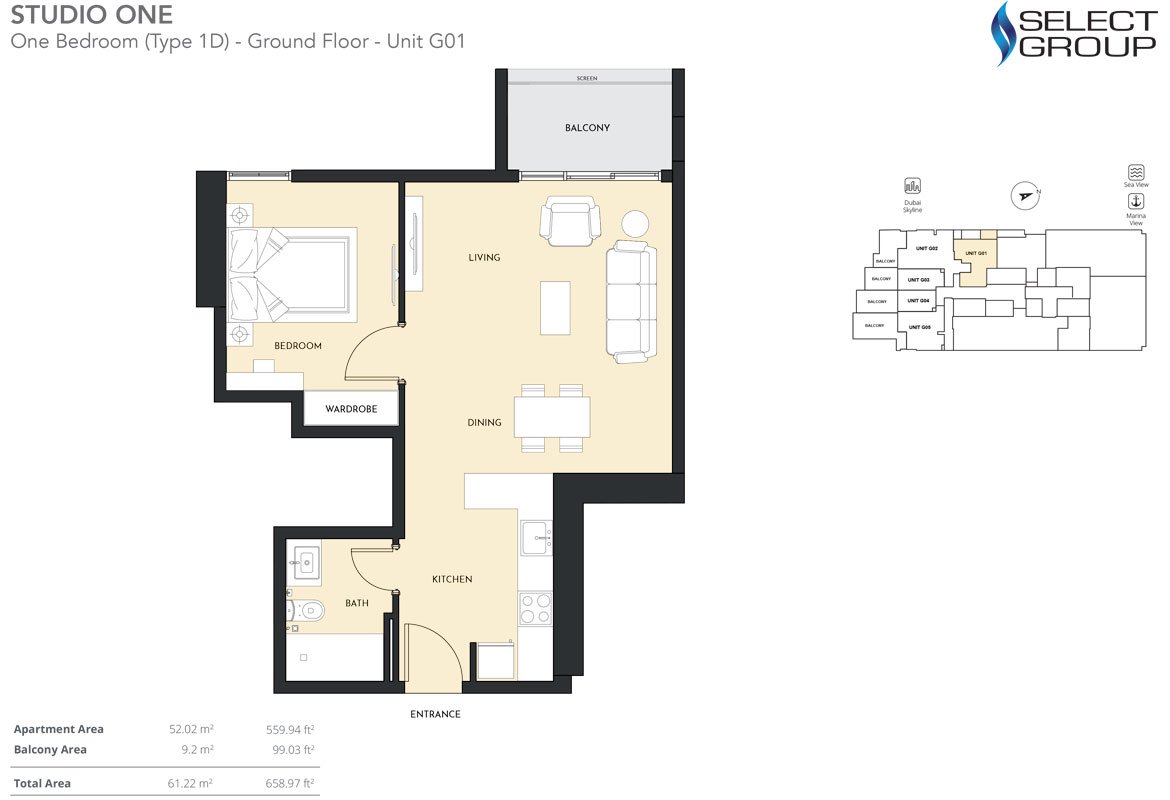 1 Bedroom floor plan