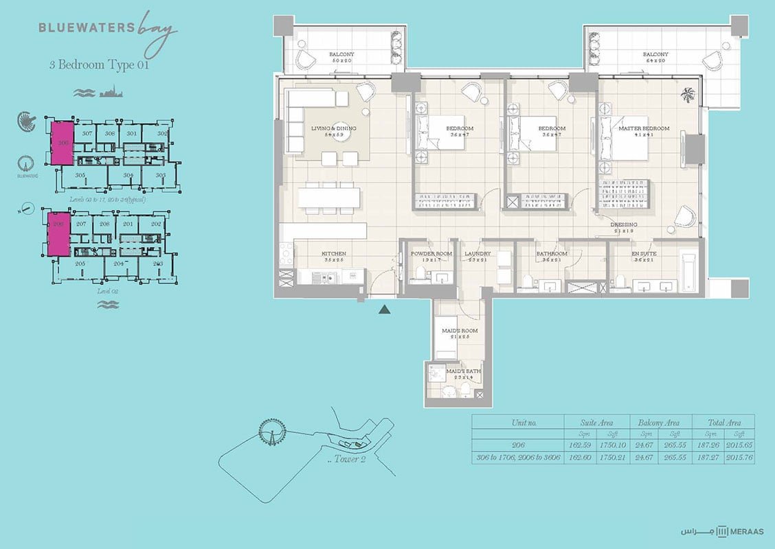 3 Bedrooms + Maid floor plan