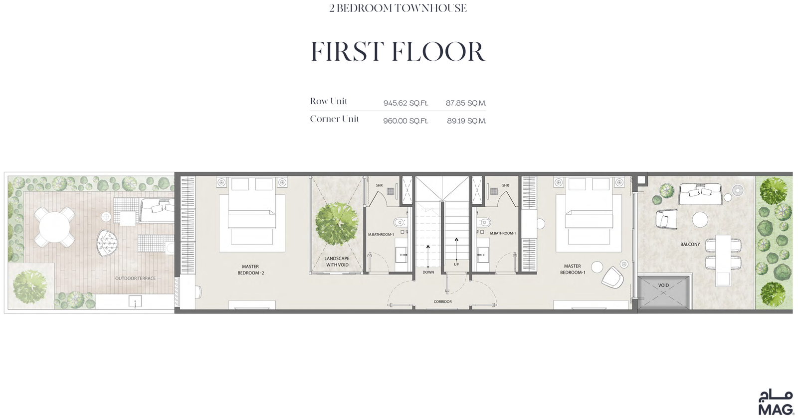 2 Bedrooms + Maid floor plan