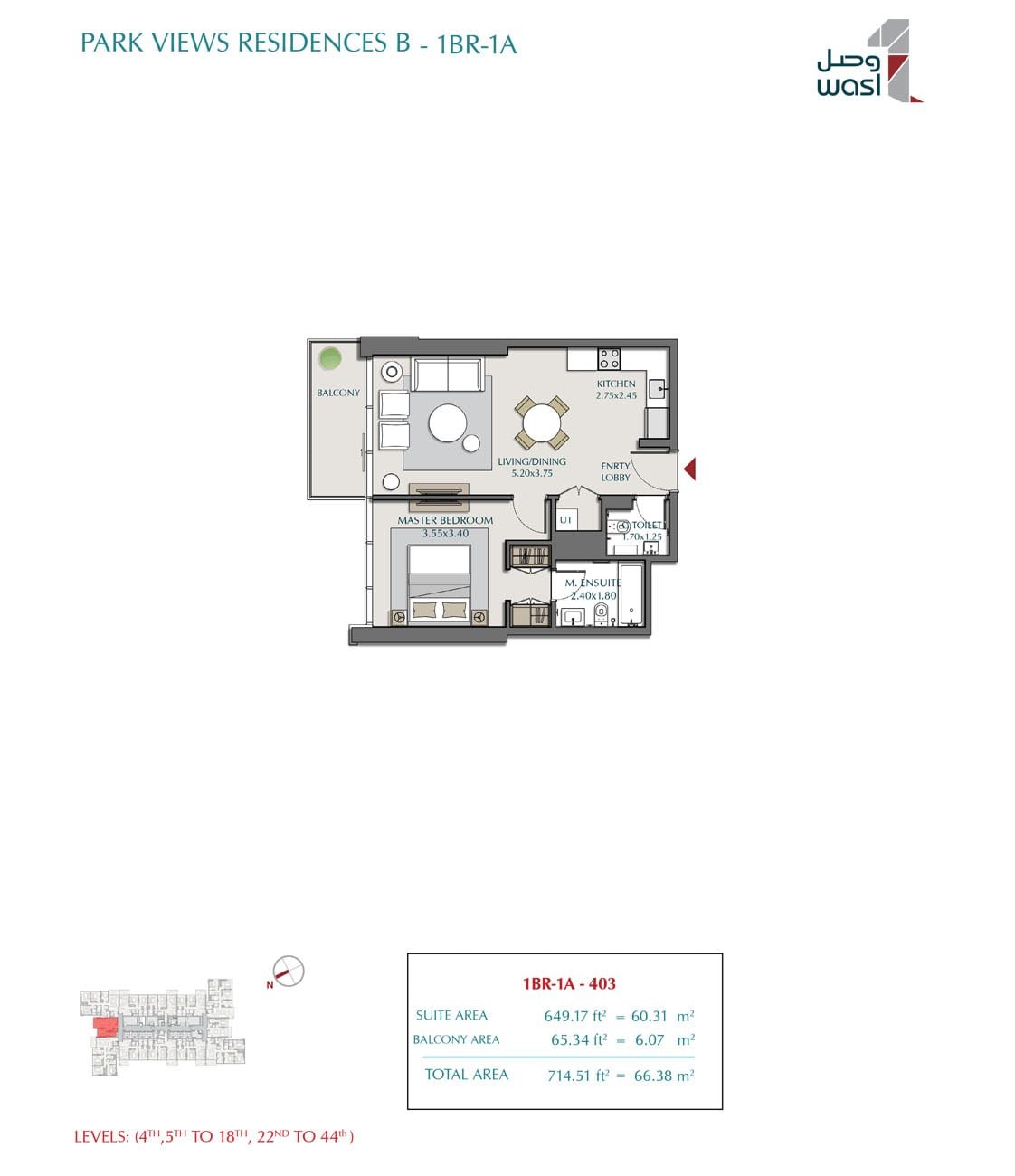 Wasl Park Views Residences Tower A 1 Bedroom Type 1A floor plan