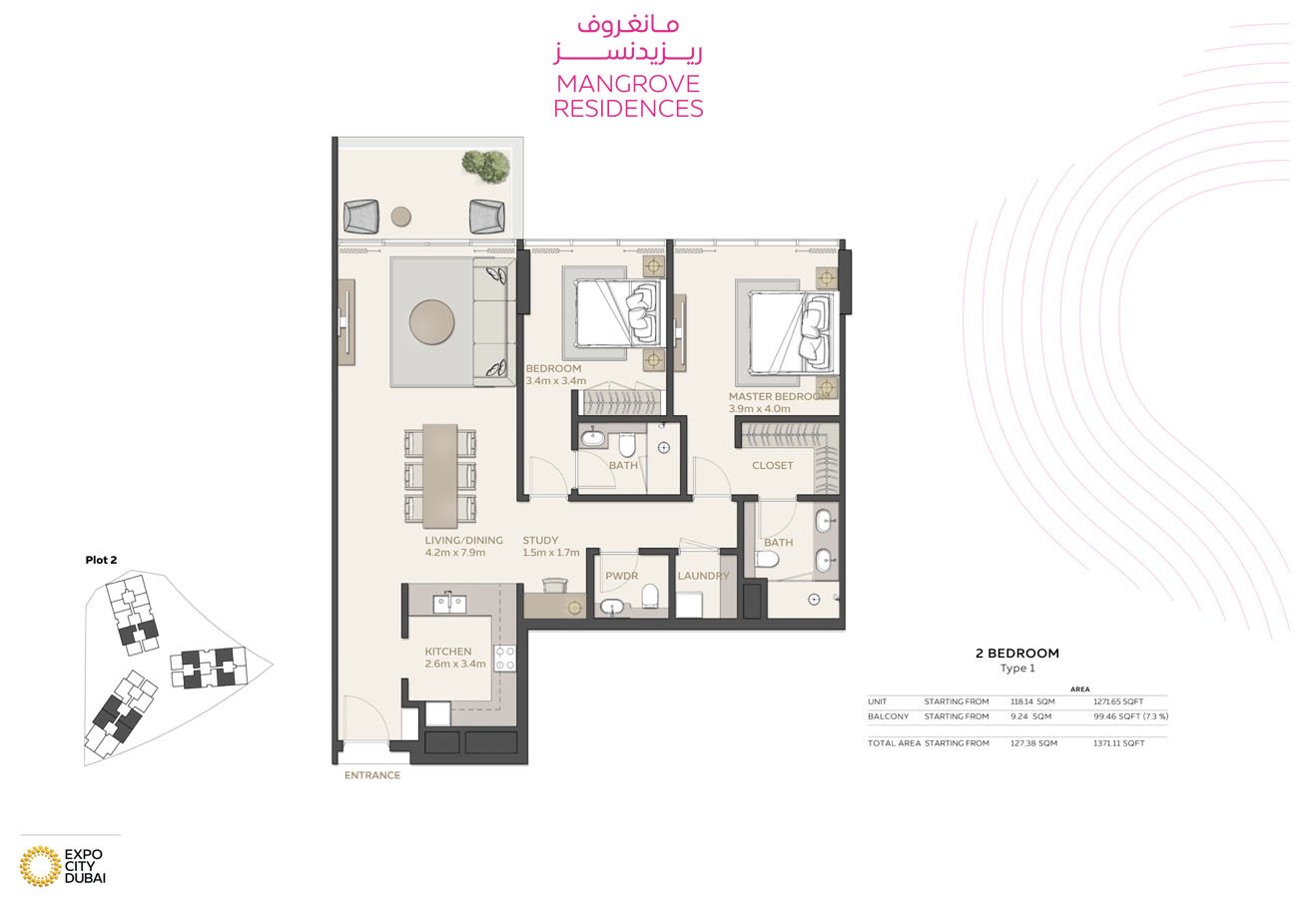2 Bedrooms +Study floor plan