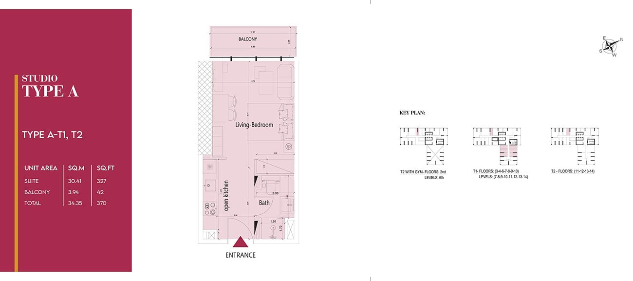 Society House at Downtown Dubai Studio Type A-T1,T2 floor plan