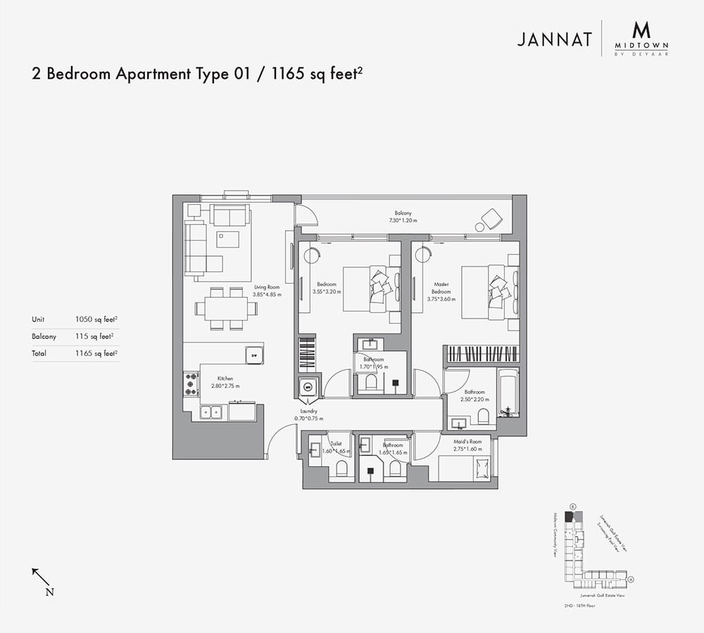 2 Bedrooms + Maid floor plan
