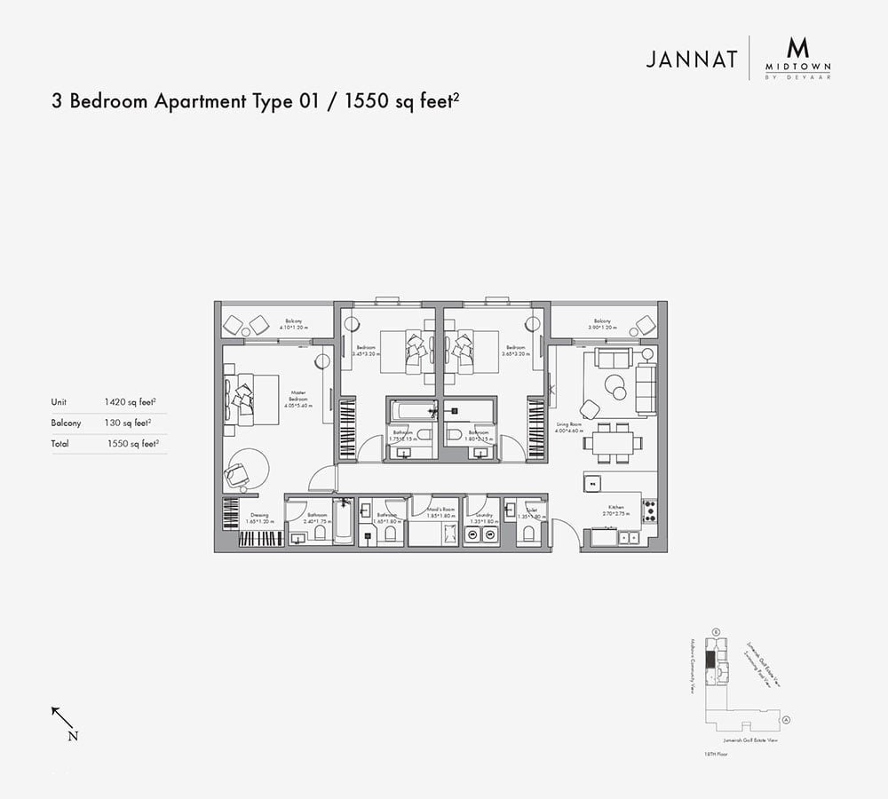 3 Bedrooms + Maid floor plan