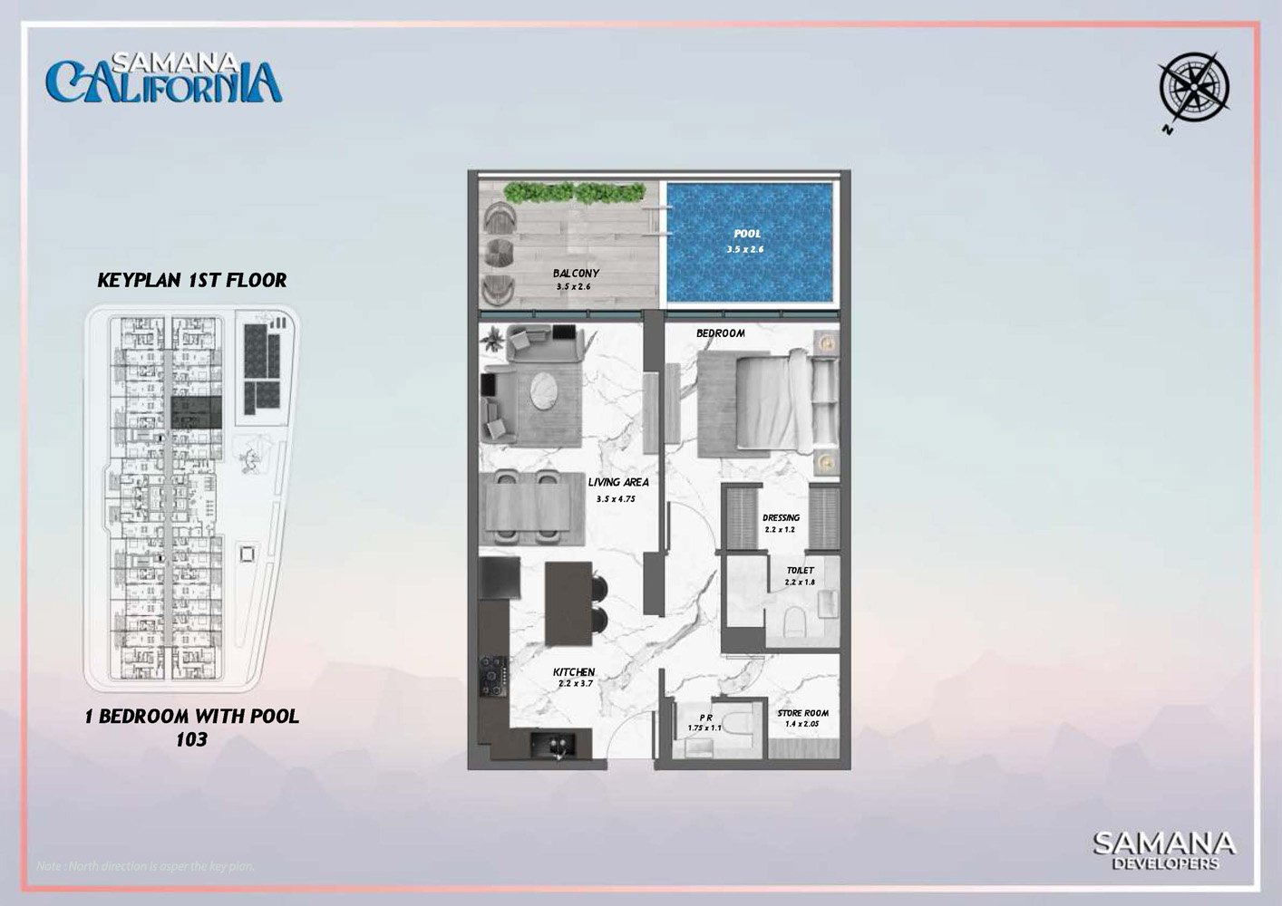 1 Bedroom + Pool floor plan