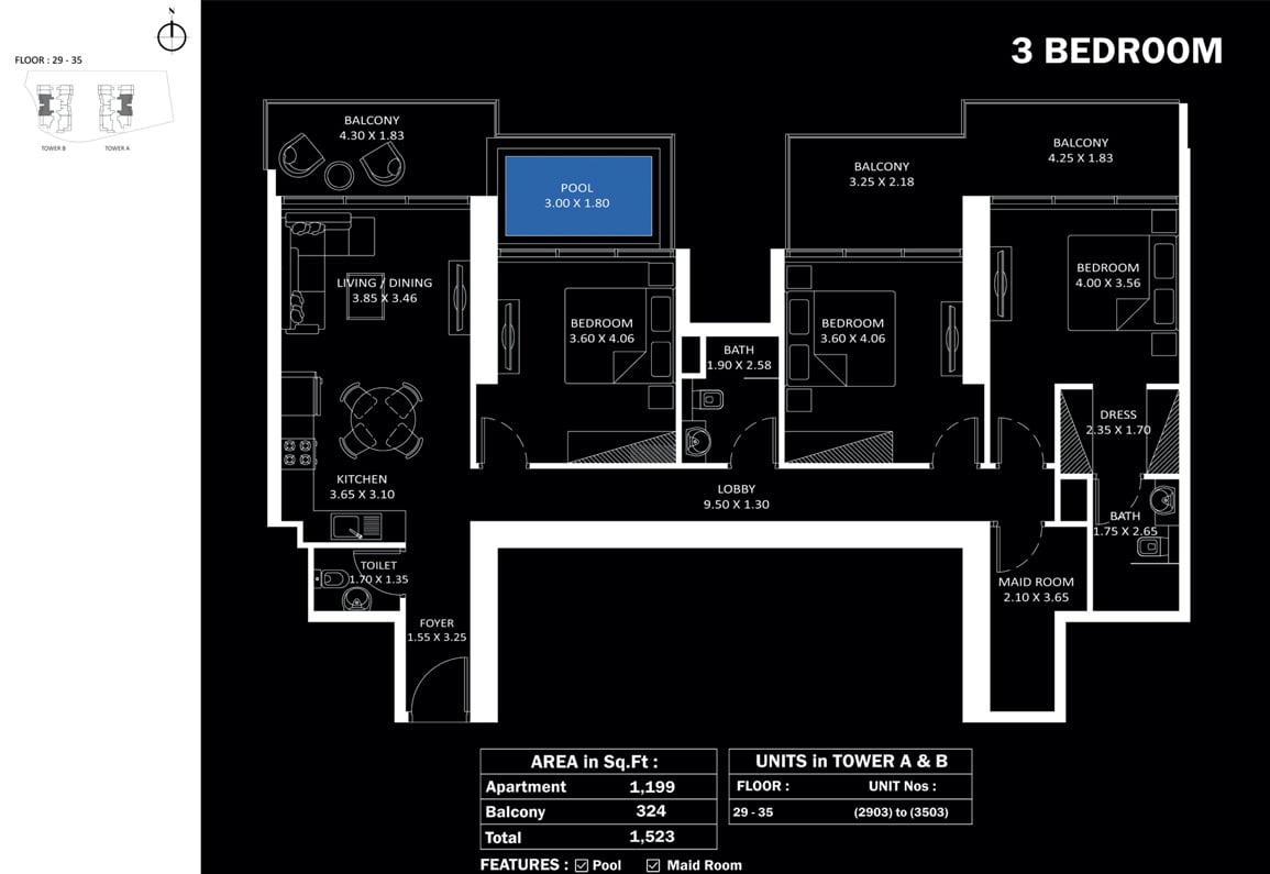 3 Bedrooms + Maid floor plan