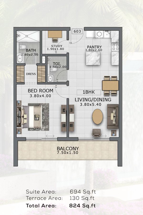 1 Bedroom + Study floor plan