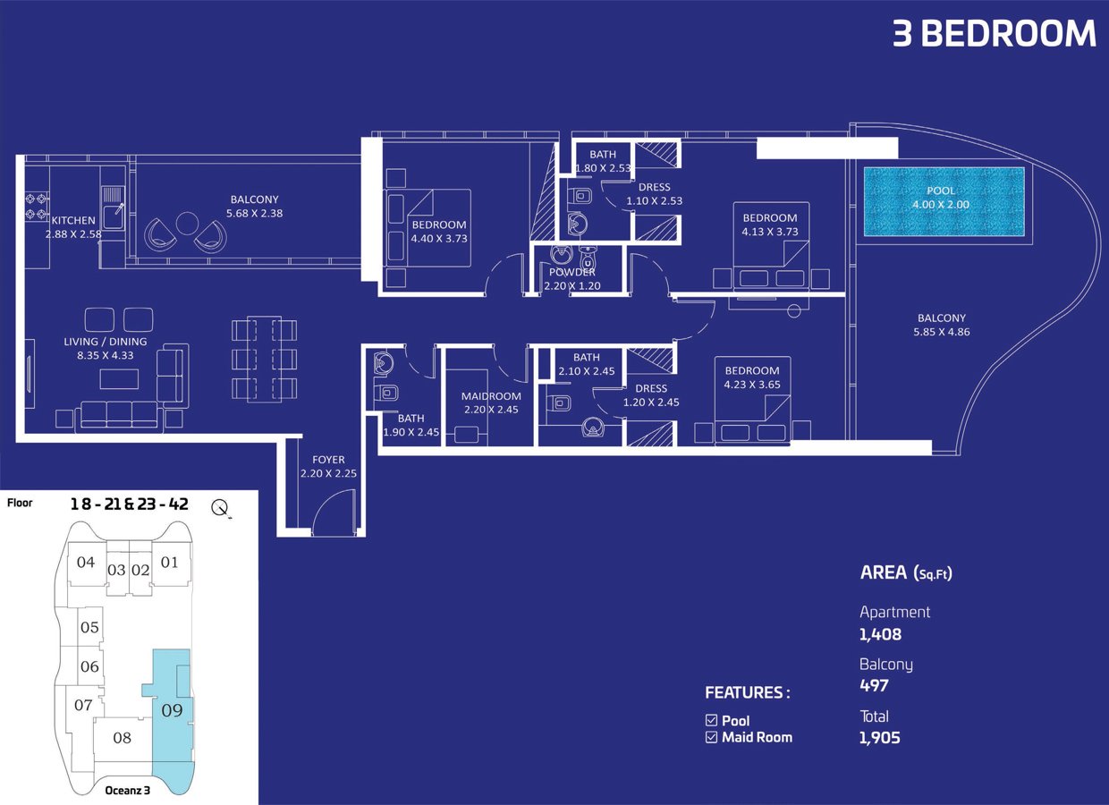 3 Bedrooms + Maid floor plan
