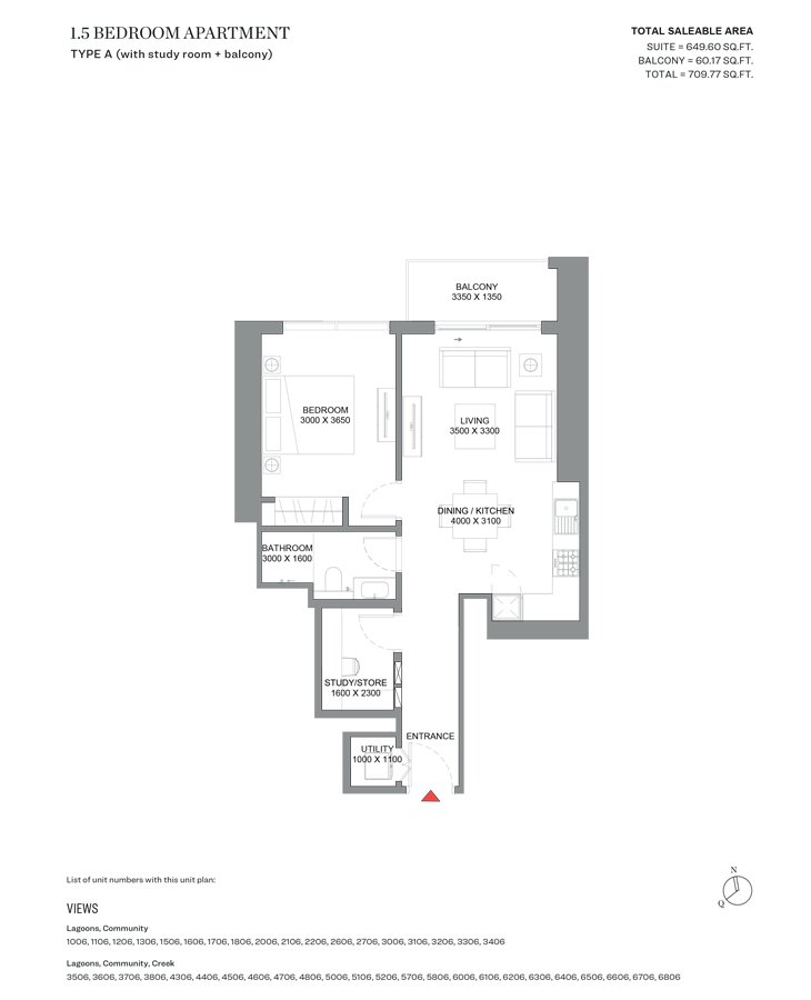 1 Bedroom + Study floor plan