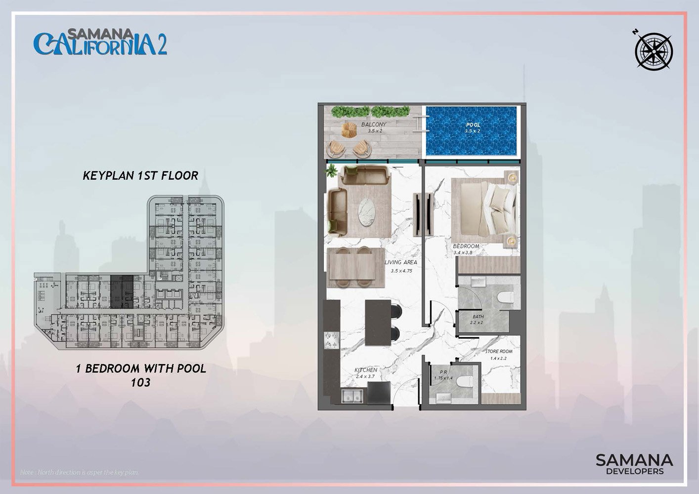 Samana California 2 1 Bedroom 1 Bedroom, 103 floor plan