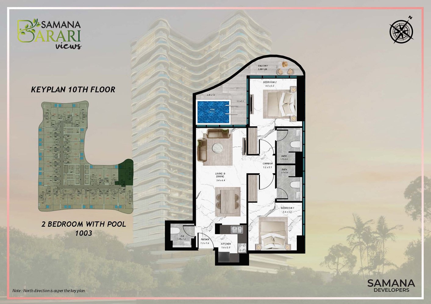 2 Bedroom + Pool floor plan