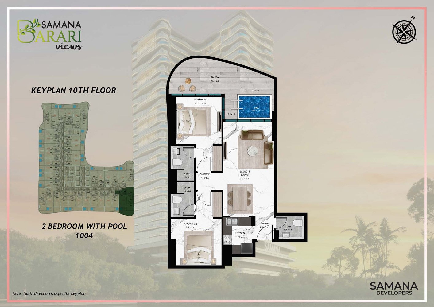 2 Bedroom + Pool floor plan