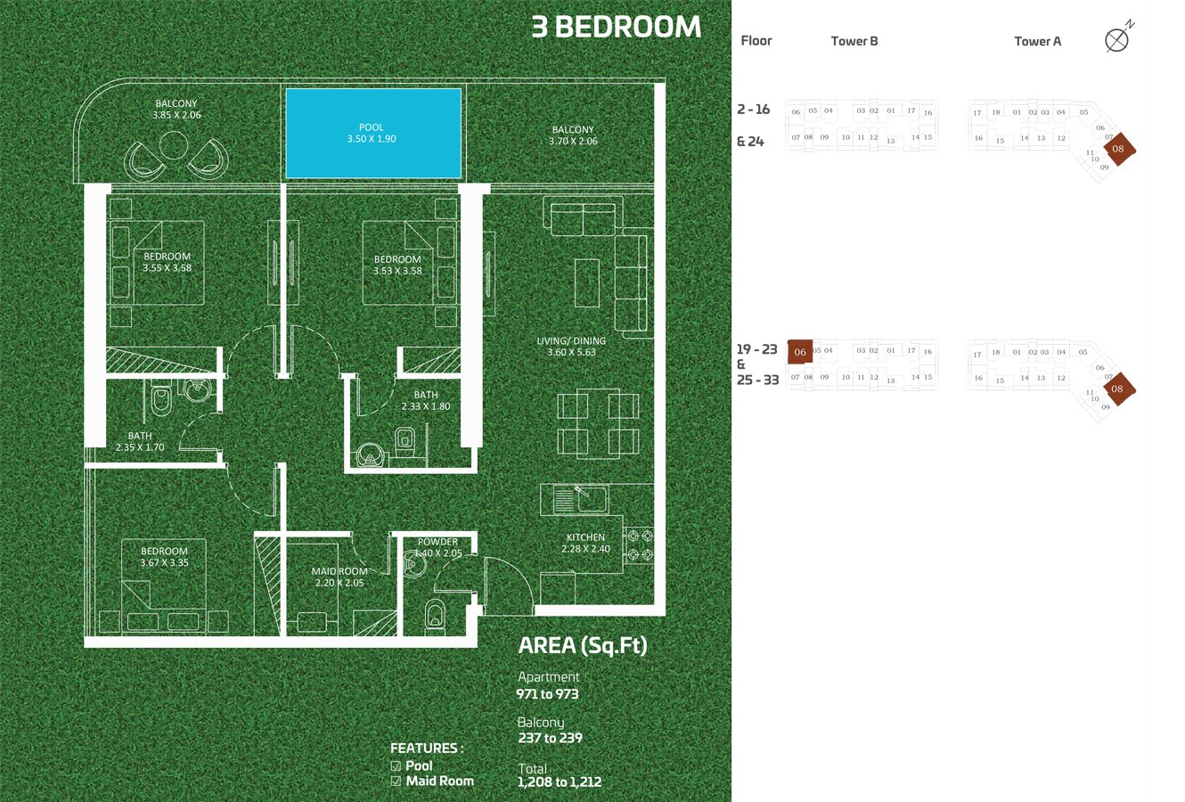 3 Bedrooms + Maid floor plan