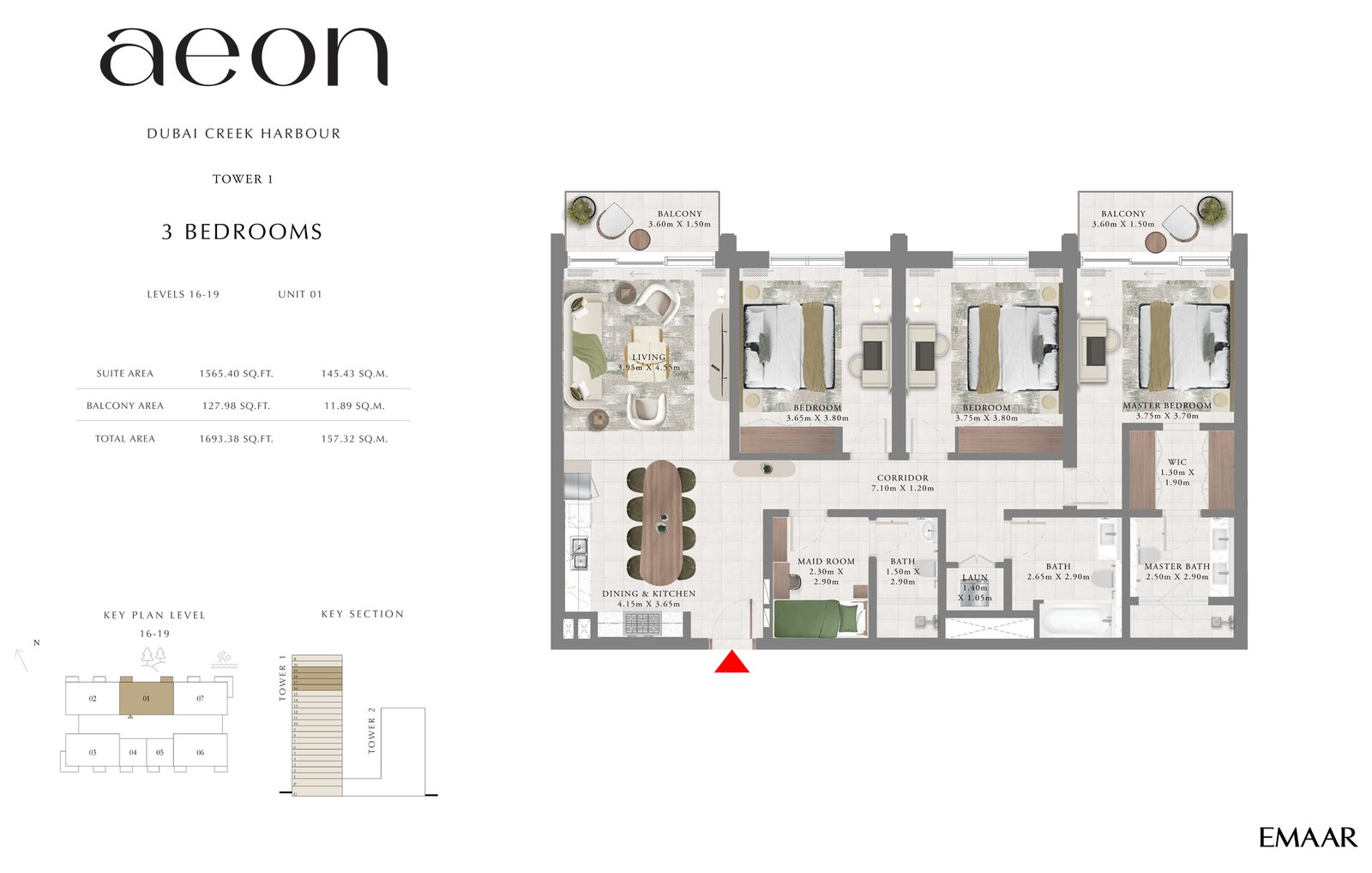 3 Bedrooms + Maid floor plan