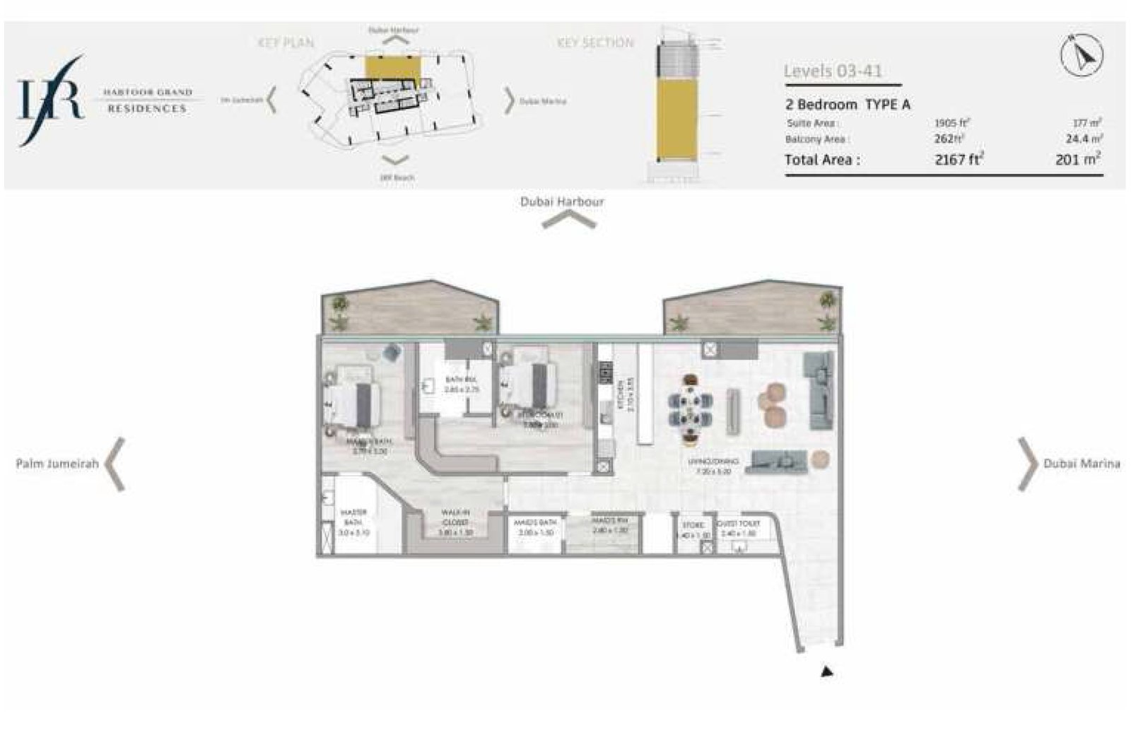 2 Bedrooms + Maid floor plan