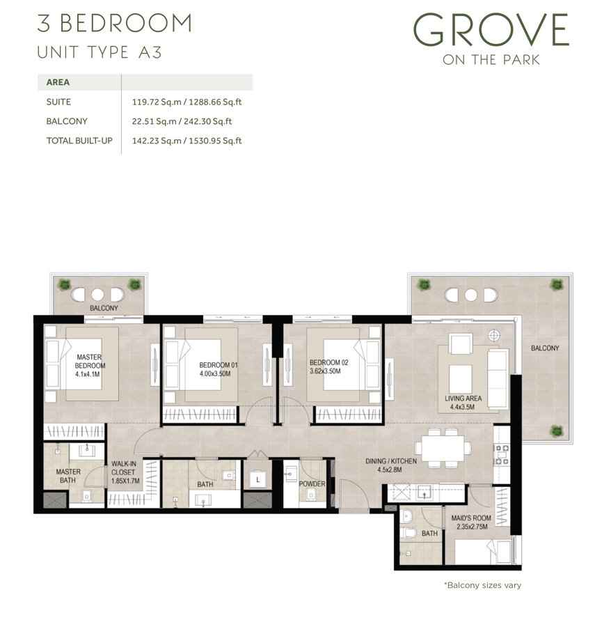 3 Bedrooms + Maid floor plan