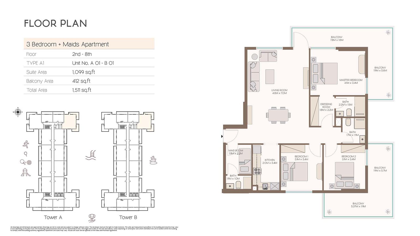 3 Bedrooms + Maid floor plan