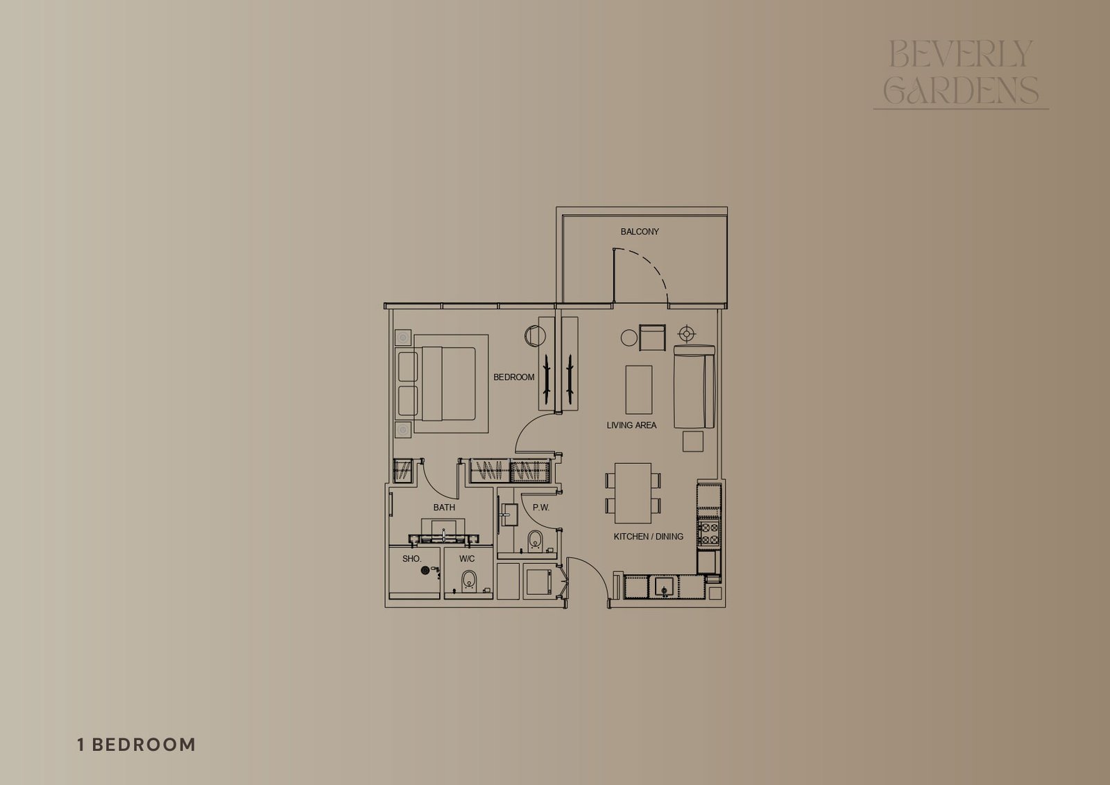 Beverly Gardens 1 Bedroom 1 Bed floor plan