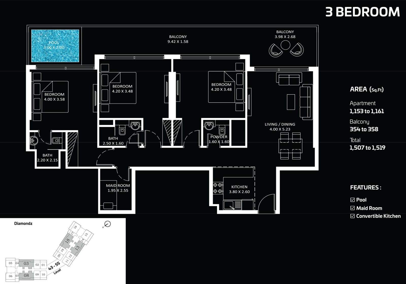 3 Bedrooms + Maid floor plan