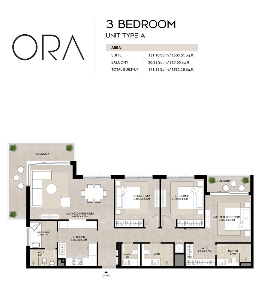 3 Bedrooms + Maid floor plan