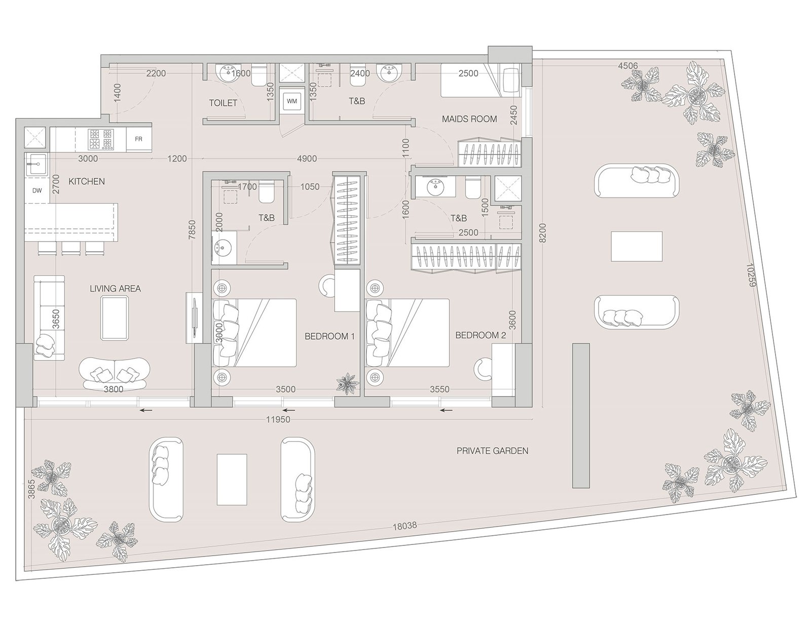 2 Bedrooms + Maid floor plan