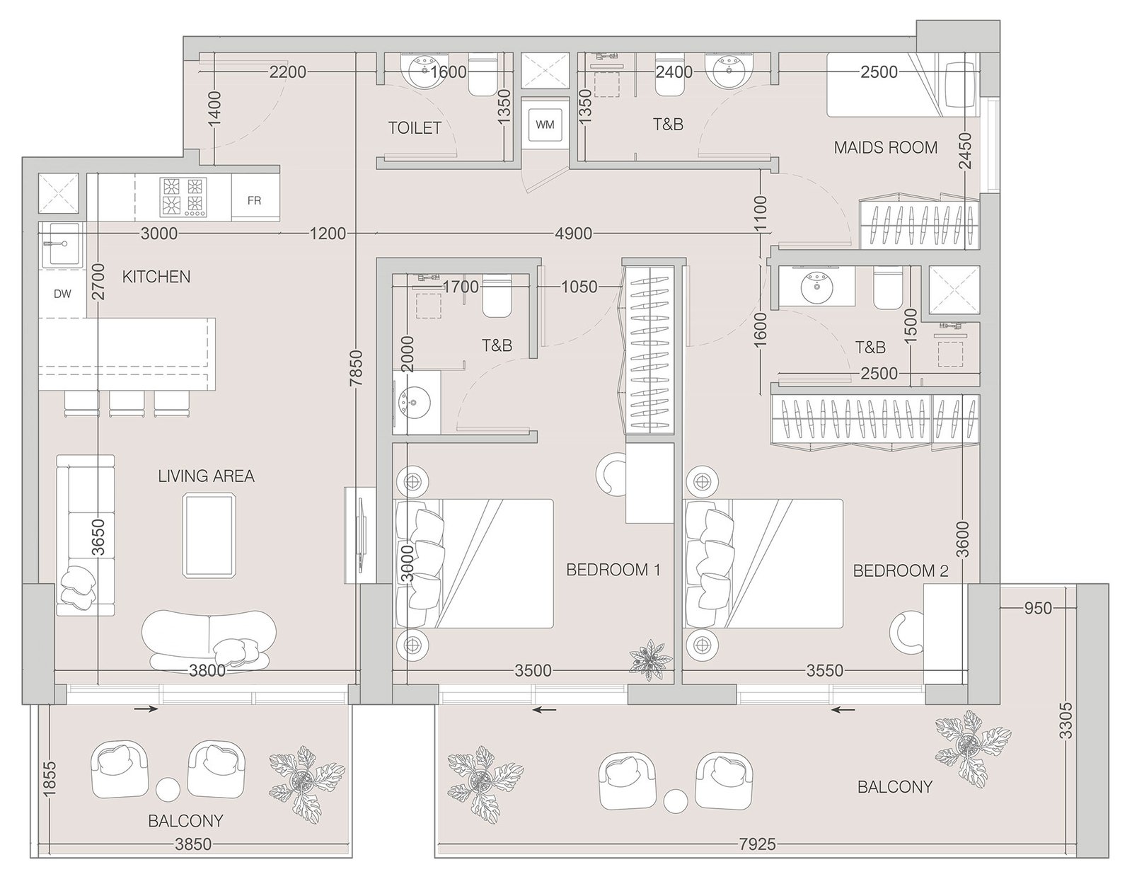 2 Bedrooms + Maid floor plan