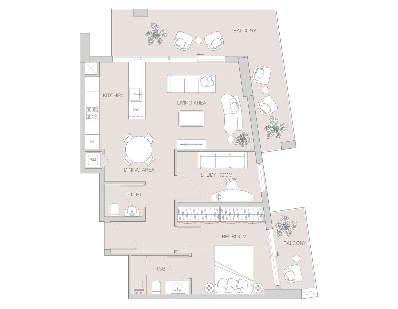 1.5 Bedroom + Study floor plan