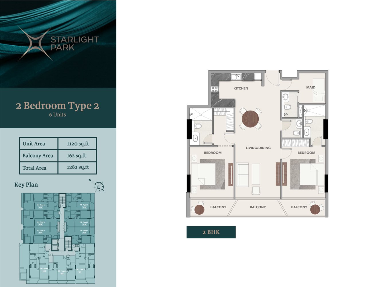 2 Bedrooms + Maid floor plan