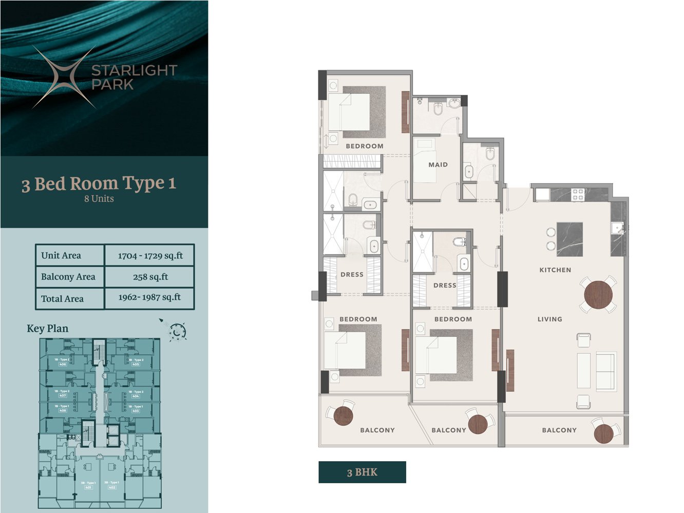 3 Bedrooms + Maid floor plan