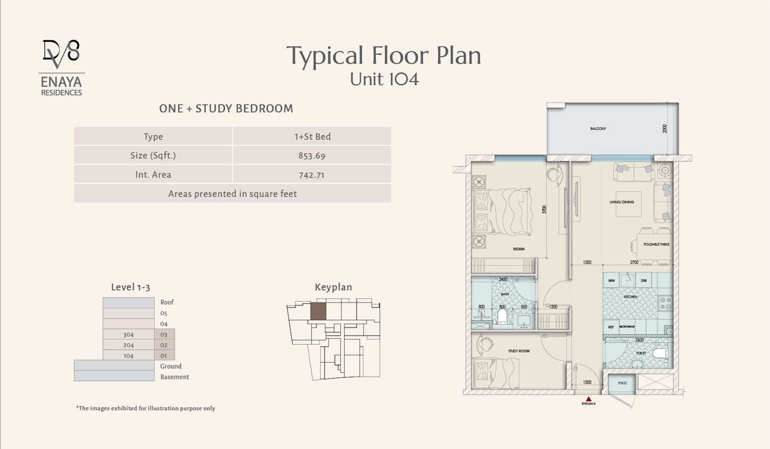 1 Bedroom + Study floor plan