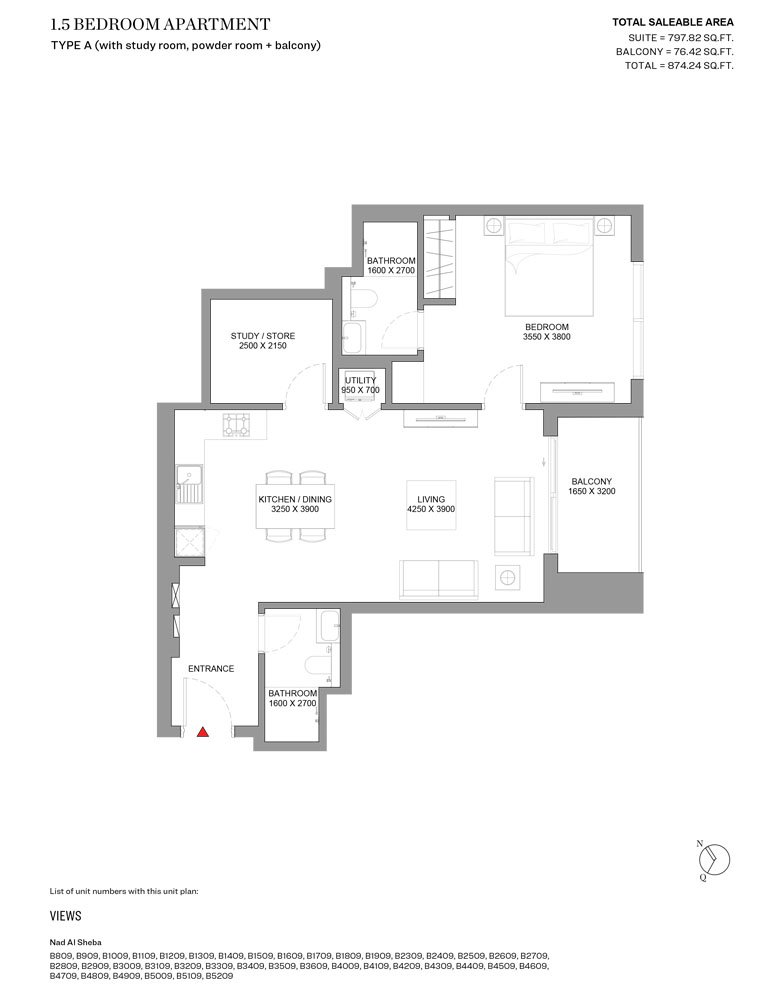 1.5 Bedroom + Study floor plan