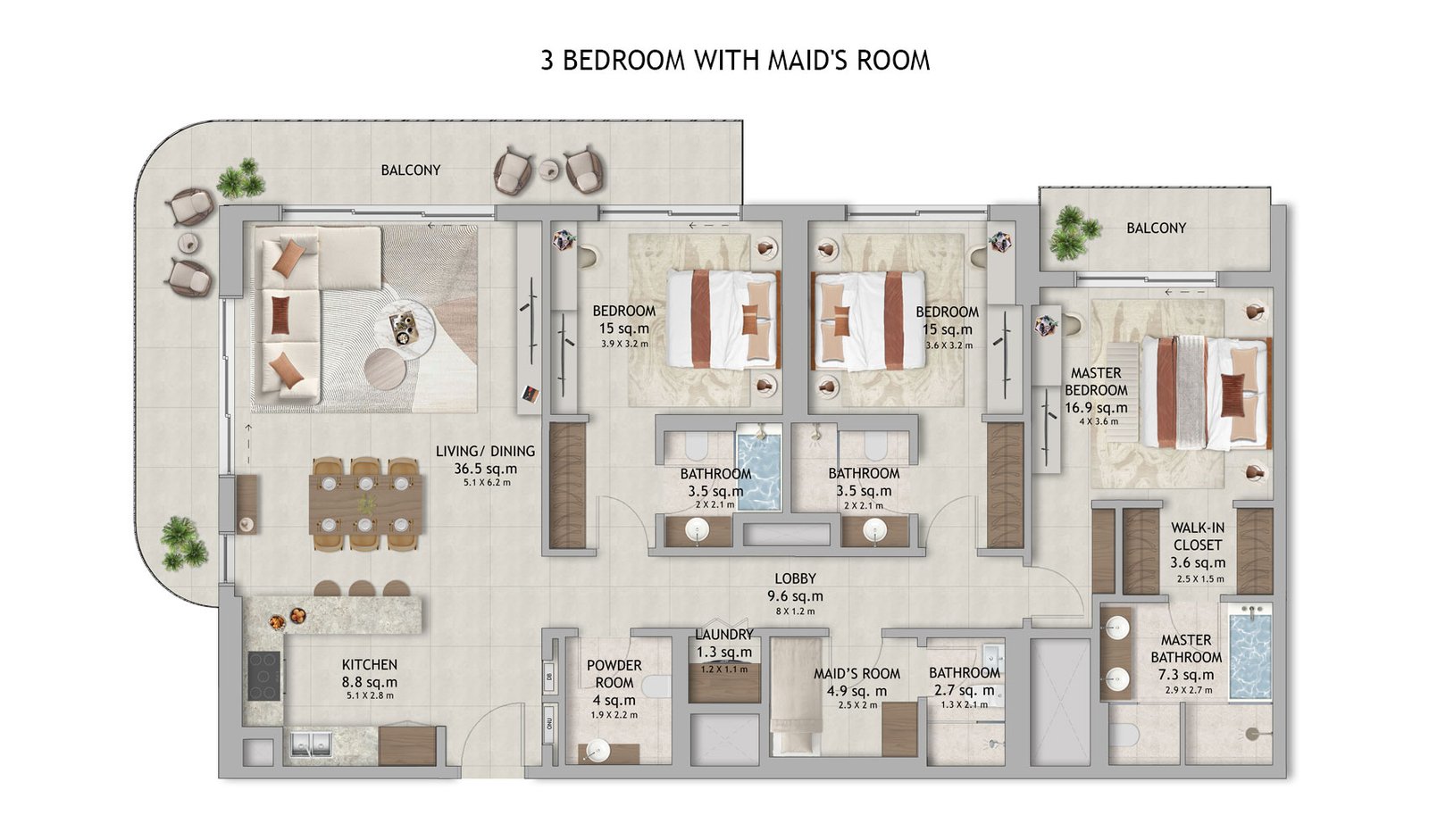 3 Bedrooms + Maid floor plan