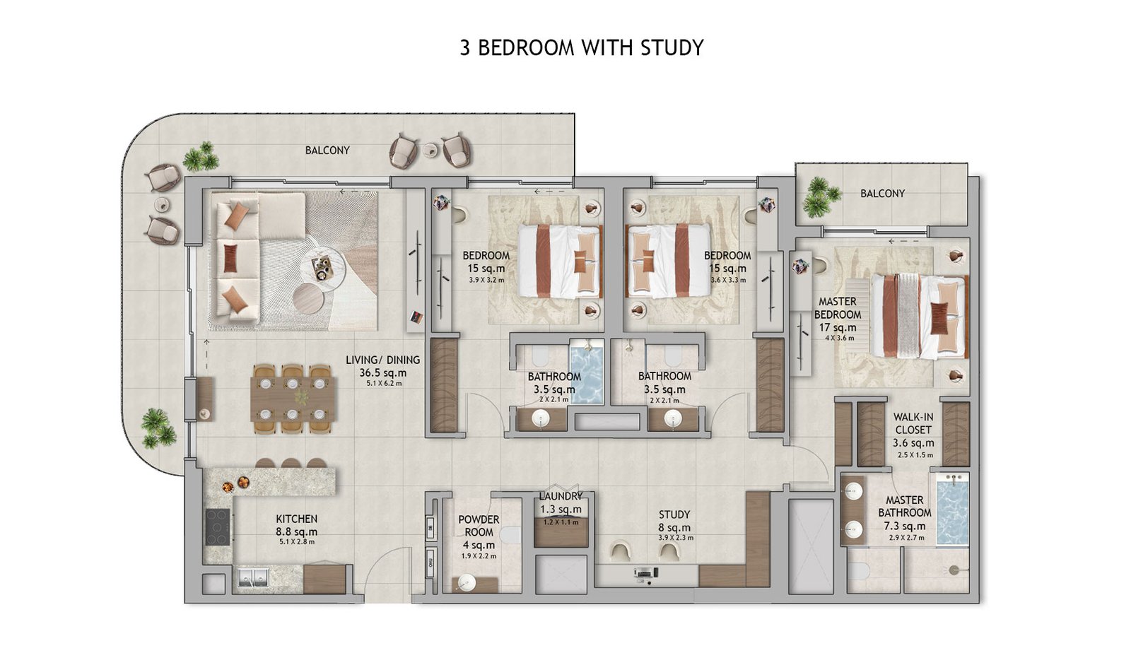 3 Bedrooms + Study floor plan