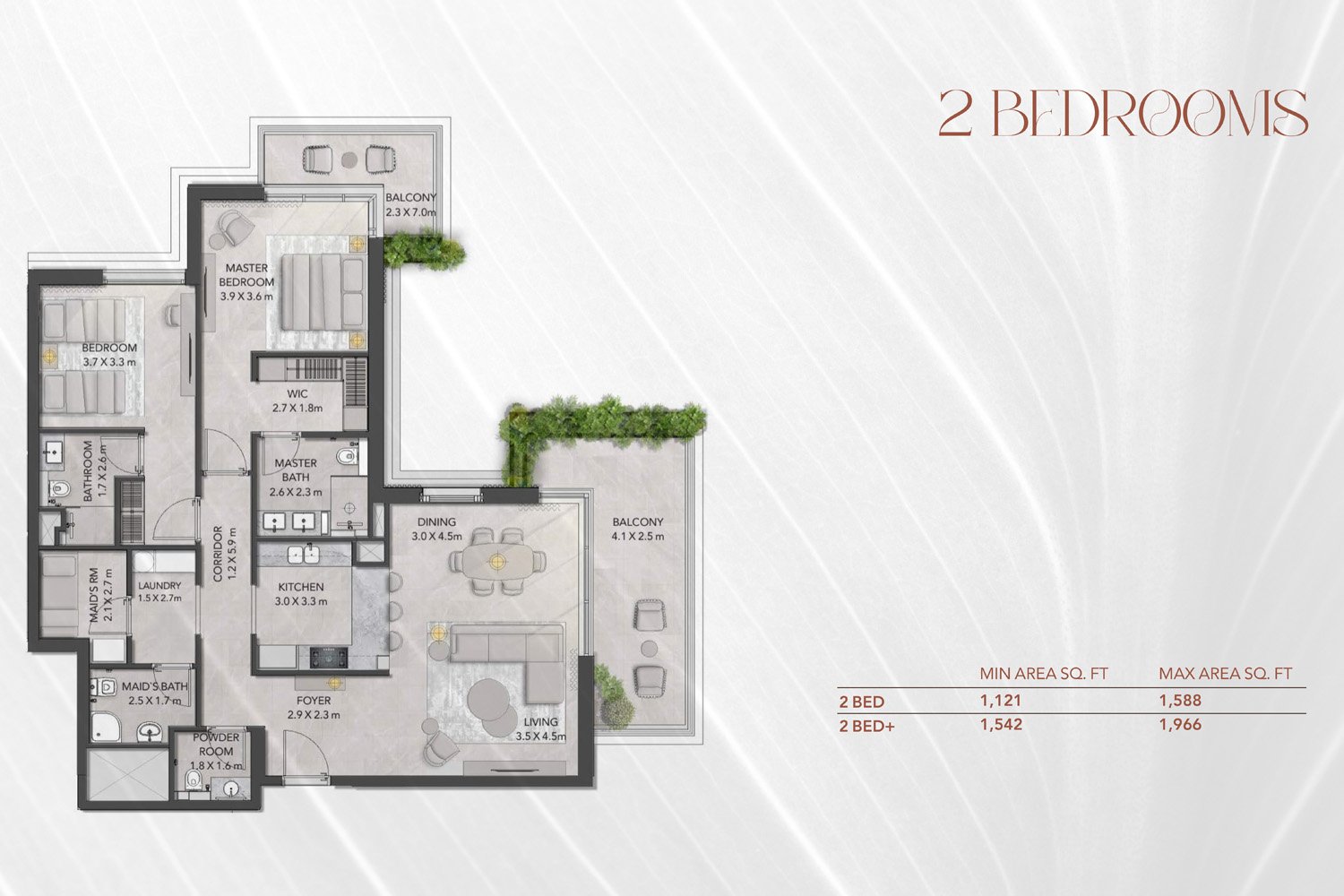 2 Bedrooms + Maid floor plan