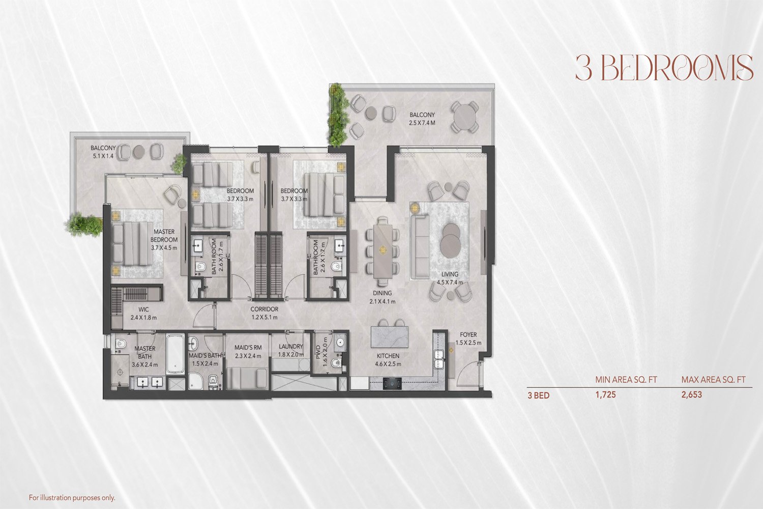 3 Bedrooms + Maid floor plan