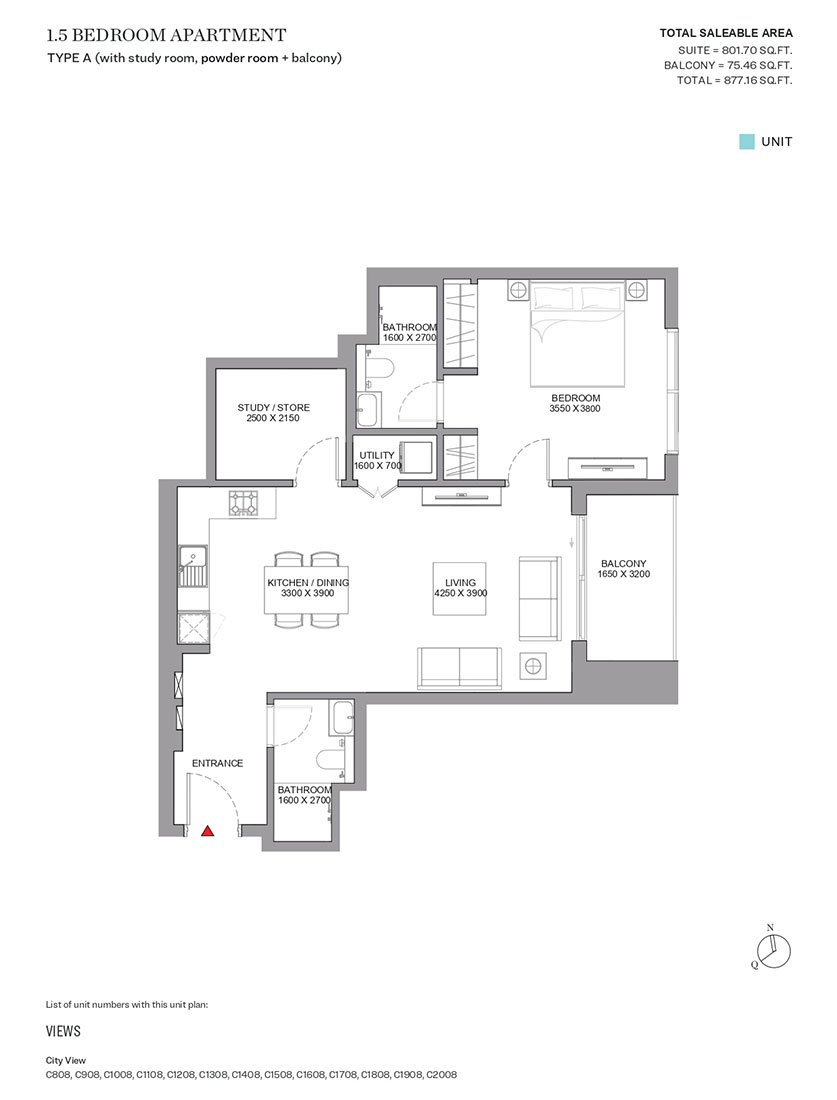 1.5 Bedroom + Study floor plan
