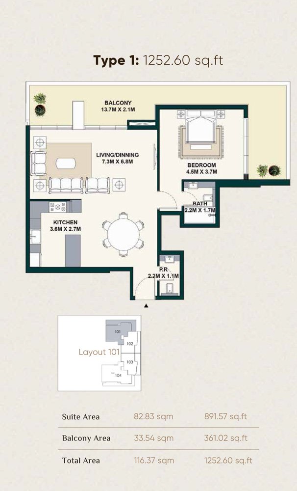 1 Bedroom floor plan
