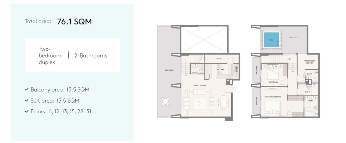 2 Bedrooms + Maid floor plan