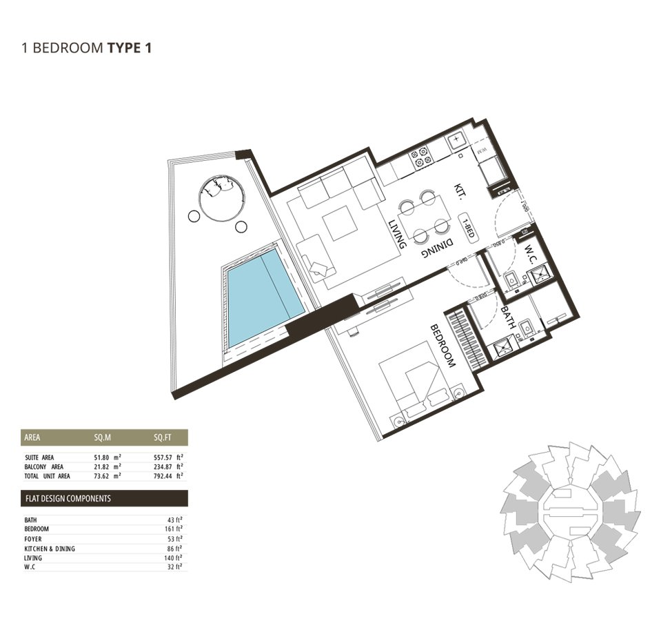 1 Bedroom + Pool floor plan