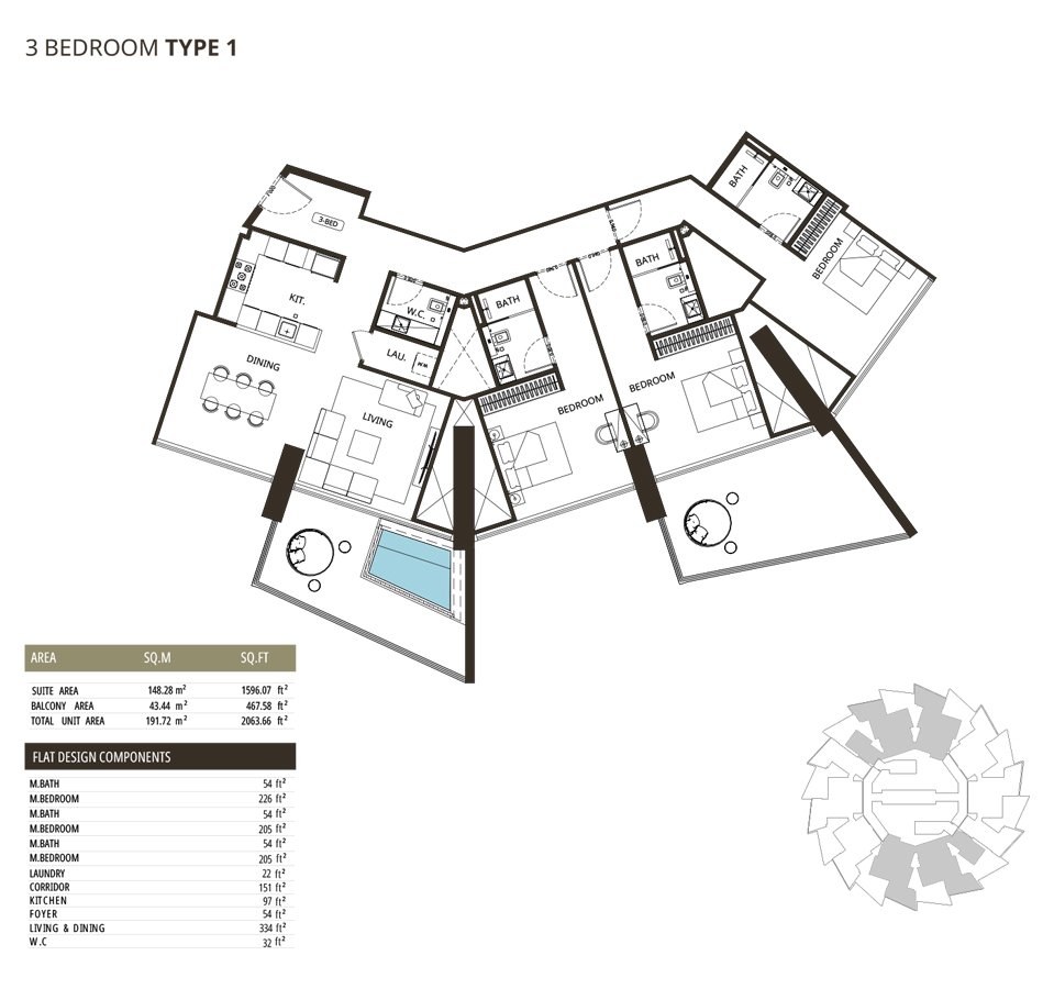 3 Bedroom + Pool floor plan