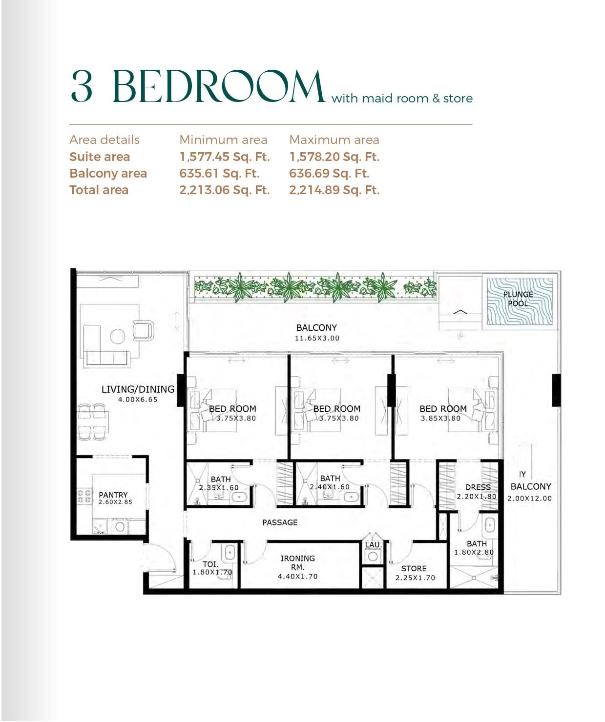 3 Bedrooms + Maid floor plan