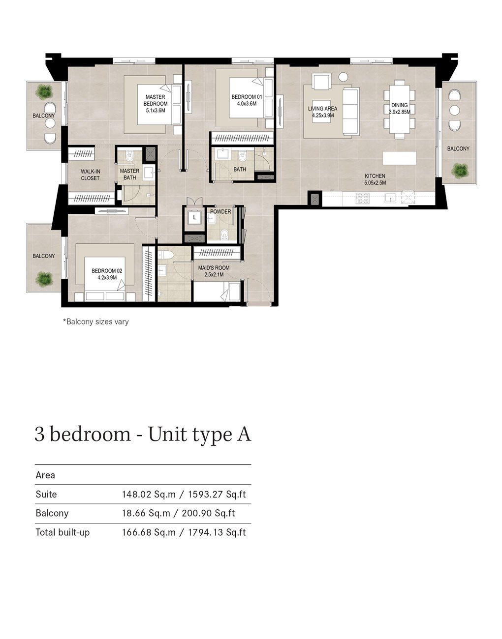 3 Bedrooms + Maid floor plan