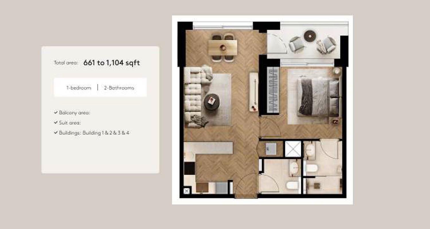 Arisha Terraces Dubai 1st To 4th Floor 1 Bedroom floor plan