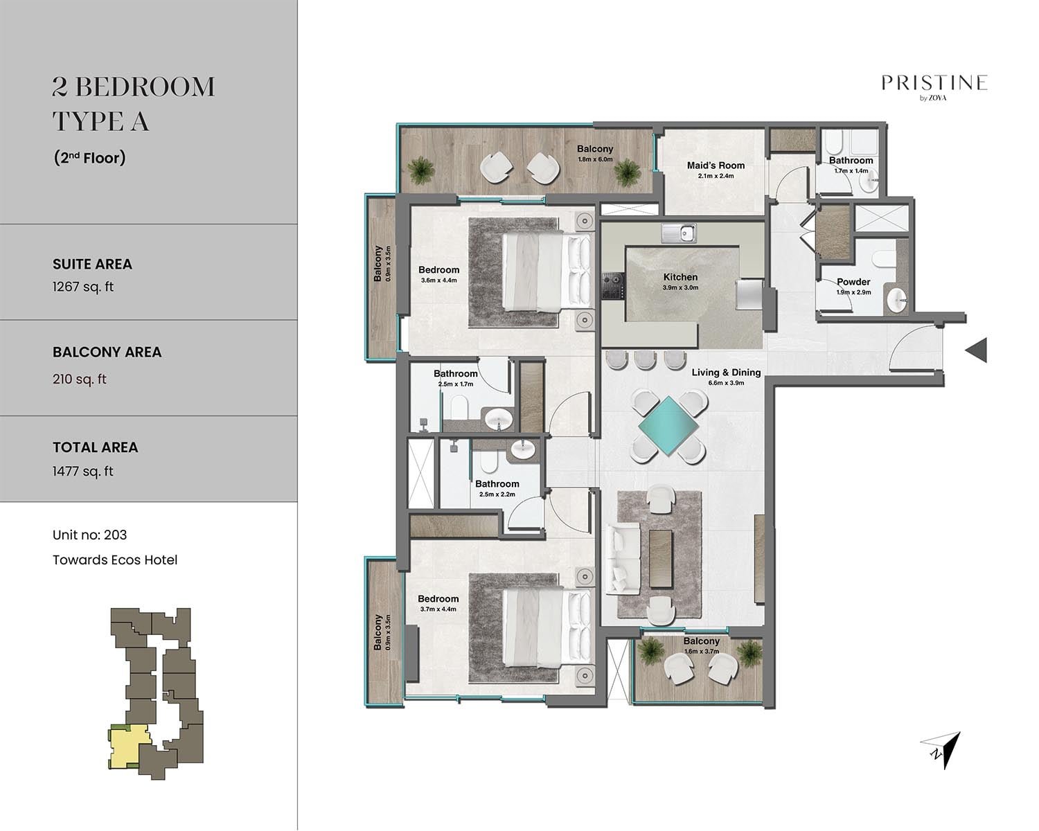 2 Bedrooms + Maid floor plan