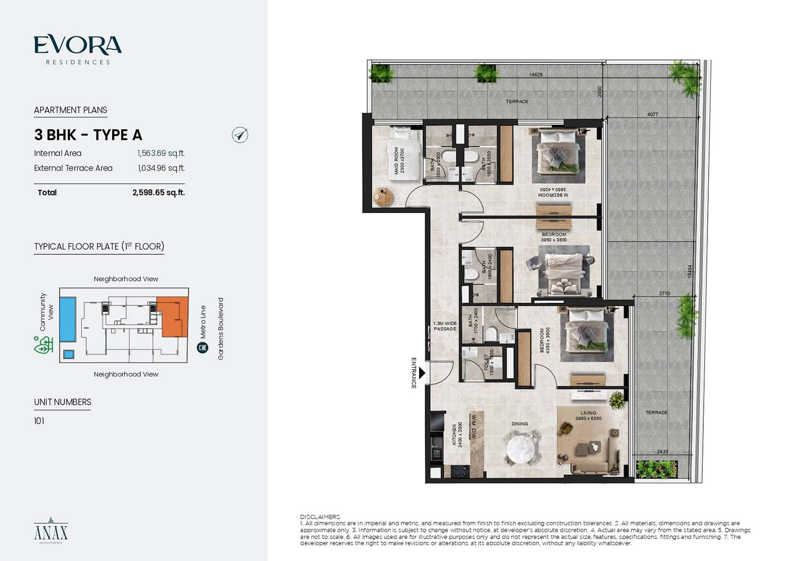 3 Bedrooms + Maid floor plan