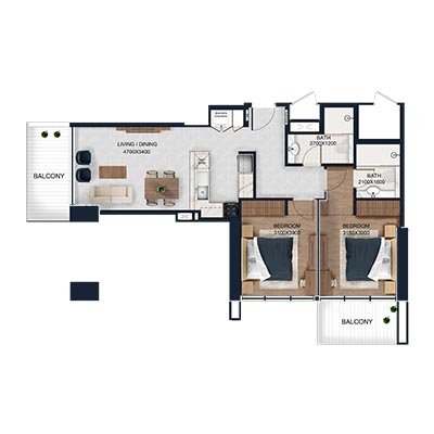 2 Bedrooms floor plan